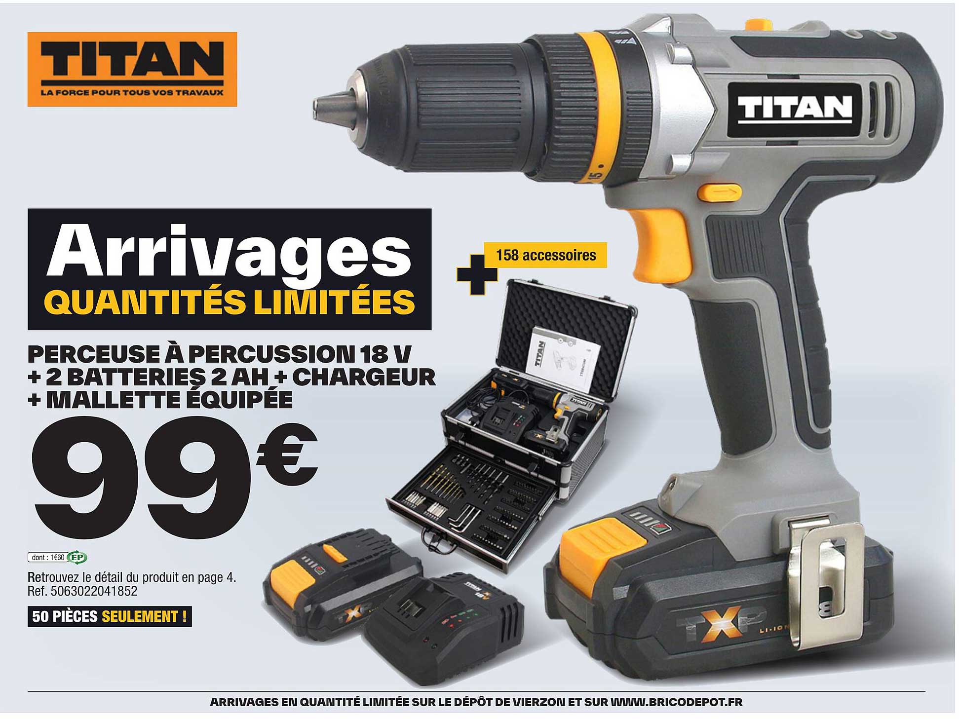 Perceuse Percussion 18 V + 2 Batteries 2 Ah + Chargeur + Mallette équipée Titan