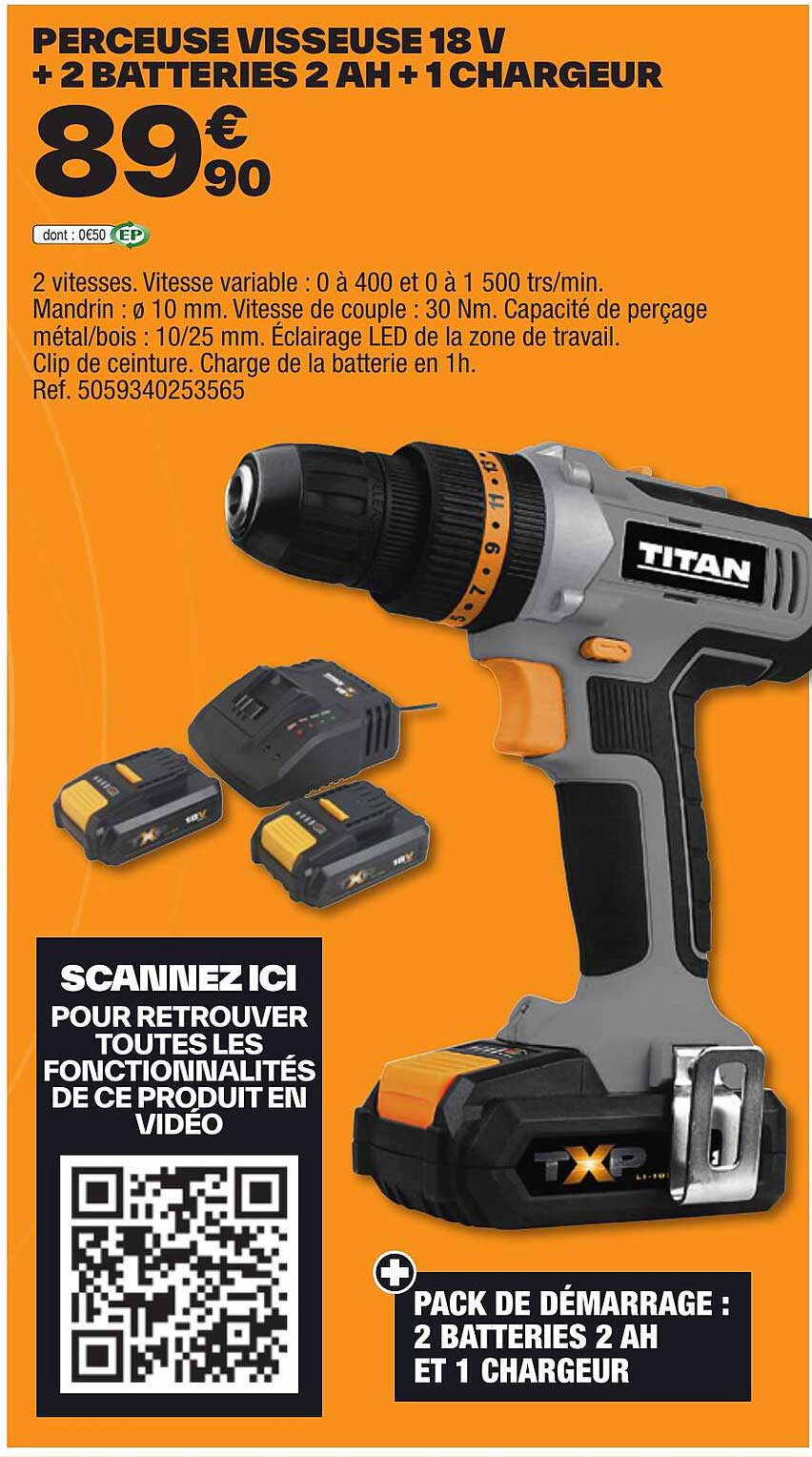 Perceuse Visseuse 18 V + 2 Batteries 2 Ah + 1 Chargeur Titan