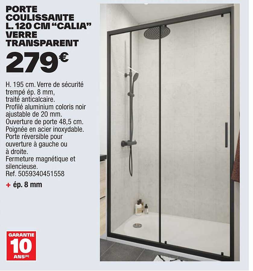 Porte Coulissante L. 120 Cm "calia" Verre Transparent