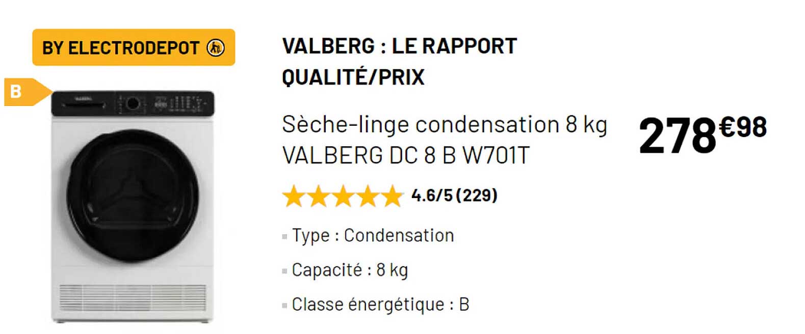 sèche-linge condensation 8 kg valberg dc8b  w701t