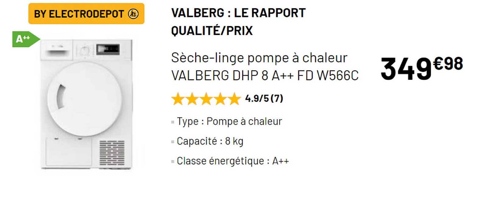 sèche-linge pompe à chaleur valberg dhp 8 a++ fd w566c