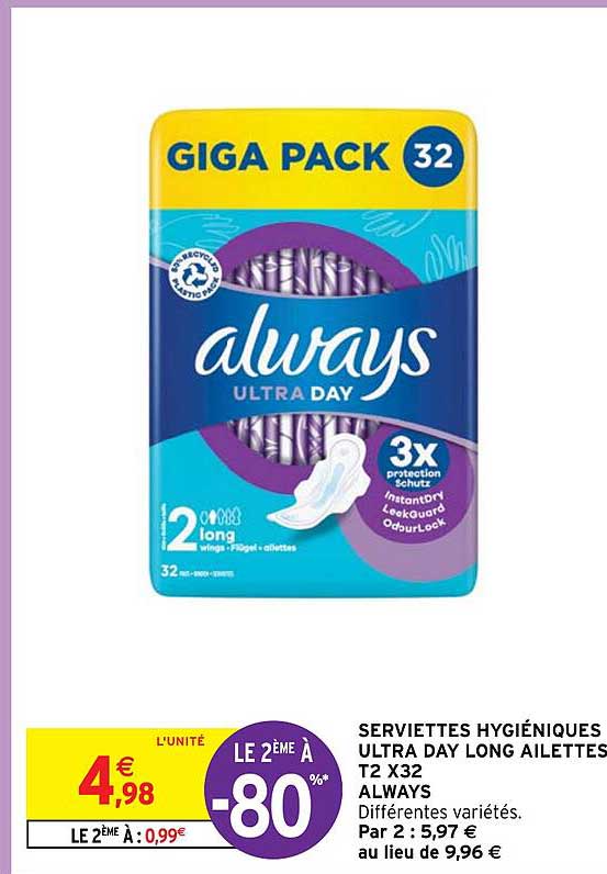 serviettes hygiéniques ultra day long ailettes t2 x32 always