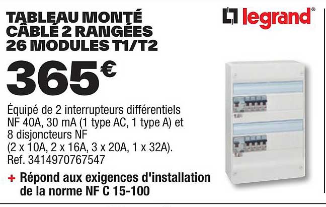 tableau monté câblé 2 rangées 26 modules t1/t2 legrand