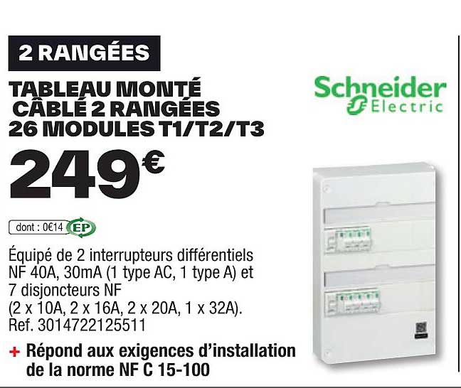 tableau monté câblé 2 rangées 26 modules t1/t2/t3 schneider electric