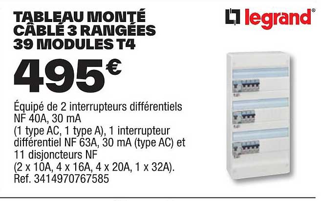 tableau monté câblé 3 rangées 39 modules t4 legrand