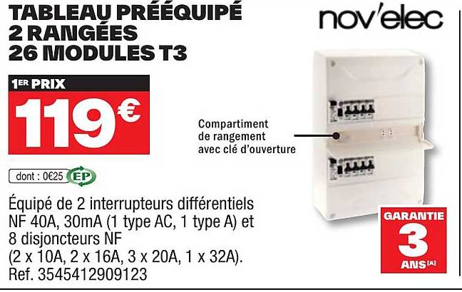 tableau prééquipé 2 rangées 26 modules t3 nov'elec