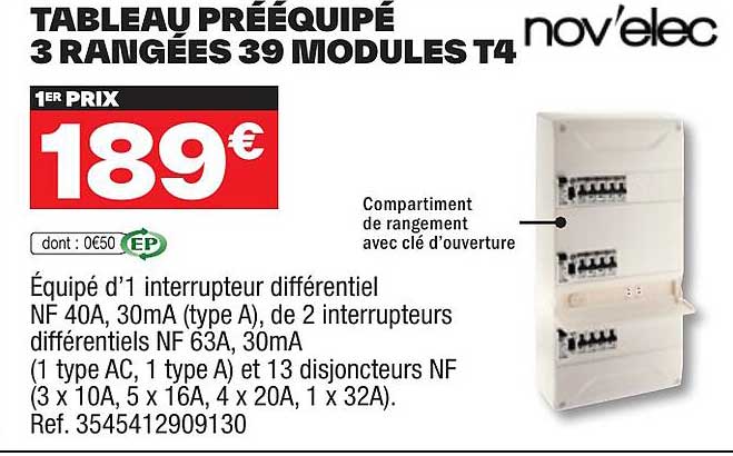 tableau prééquipé 3 rangées 39 modules t4 nov'elec