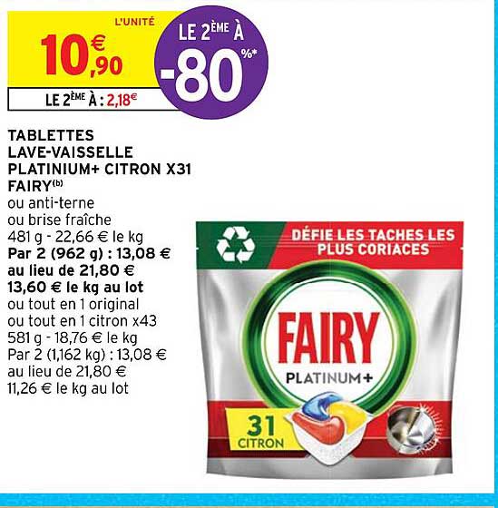 tablettes lave-vaisselle platinium + citron x31 fairy