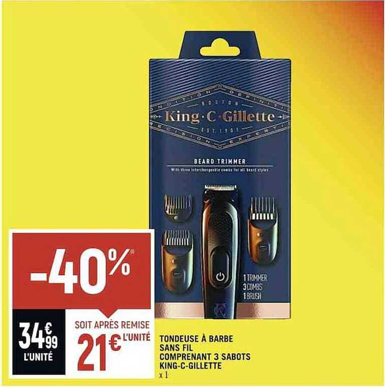 tondeuse à barbe sans fil comprenant 3 sabots king-c-gillette