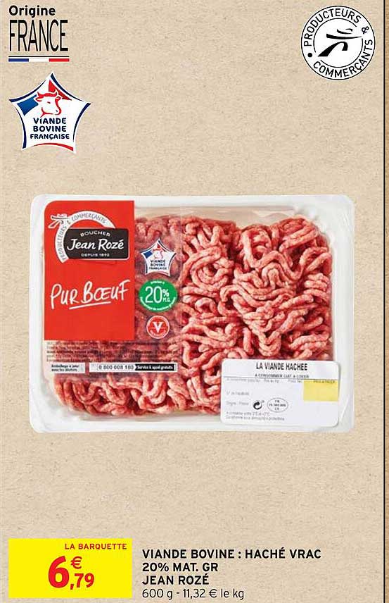 viande bovine : haché vrac 20% mat. gr. jean rozé