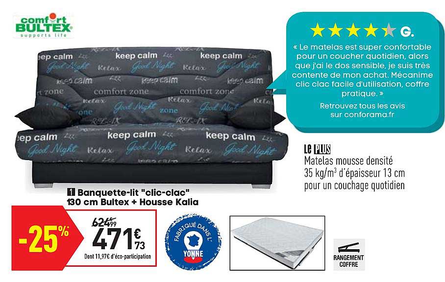 banquette lit clic clac 130 cm bultex + housse kalia