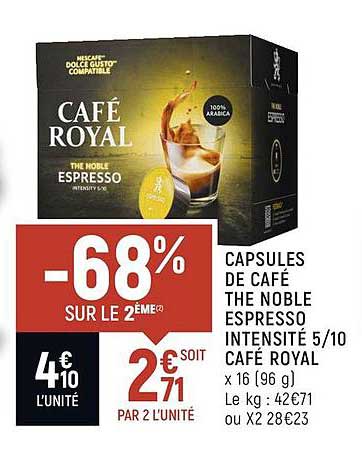 capsules de café the noble espresso intensité 5-10 café royal
