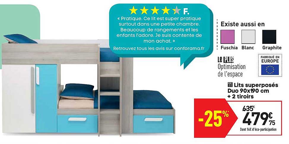 lits superposé duo 90x190 cm + 2 tiroirs