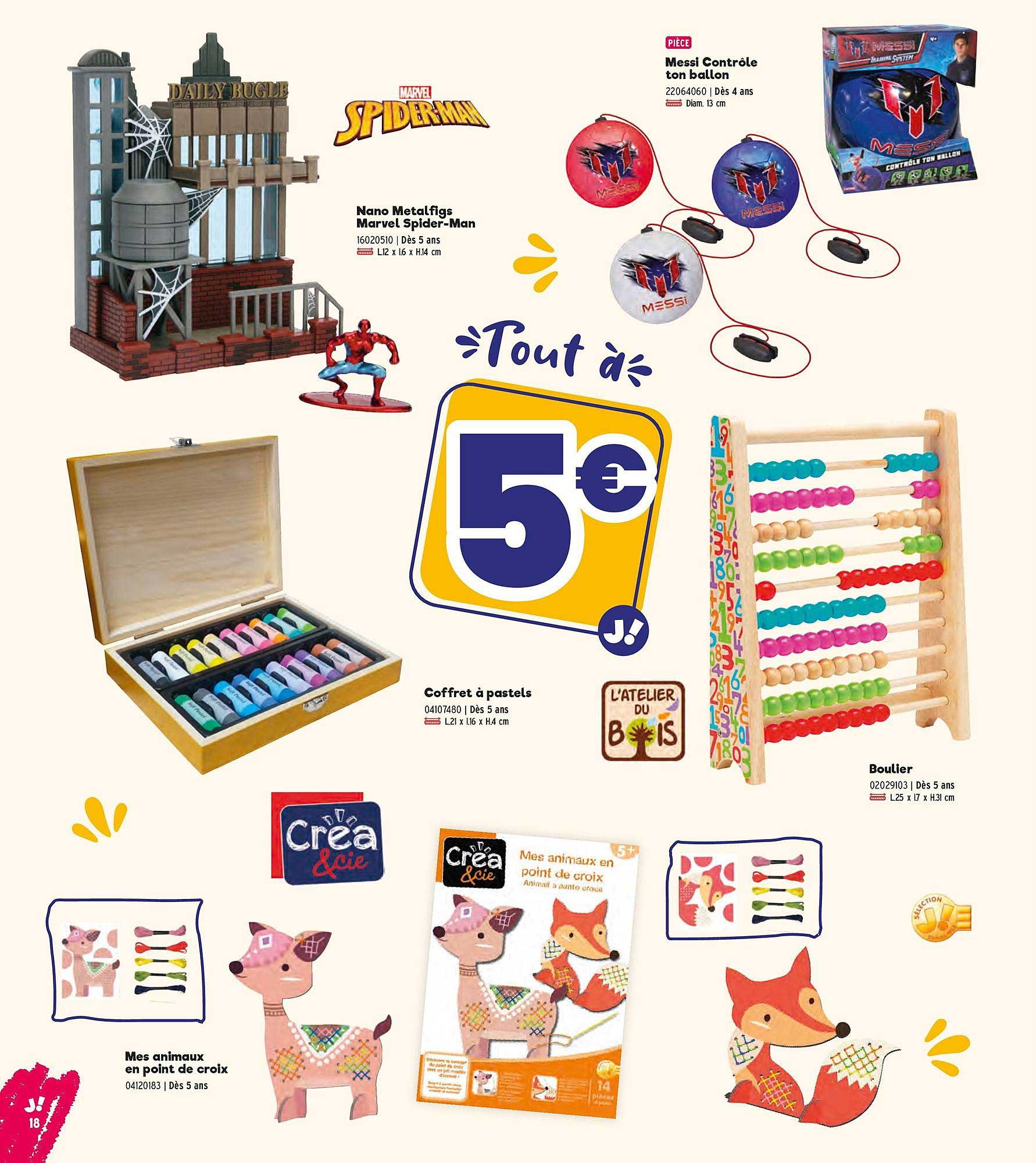 messi contrôle ton ballon, nano metalfigs marvel spider-man, ,coffret à pastels mes animaux en point de croix, boulier