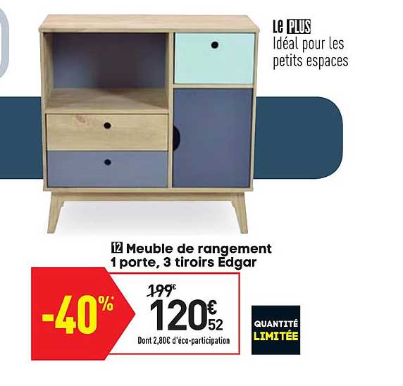 Meuble De Rangement 1 Porte 3 Tiroirs Edgar