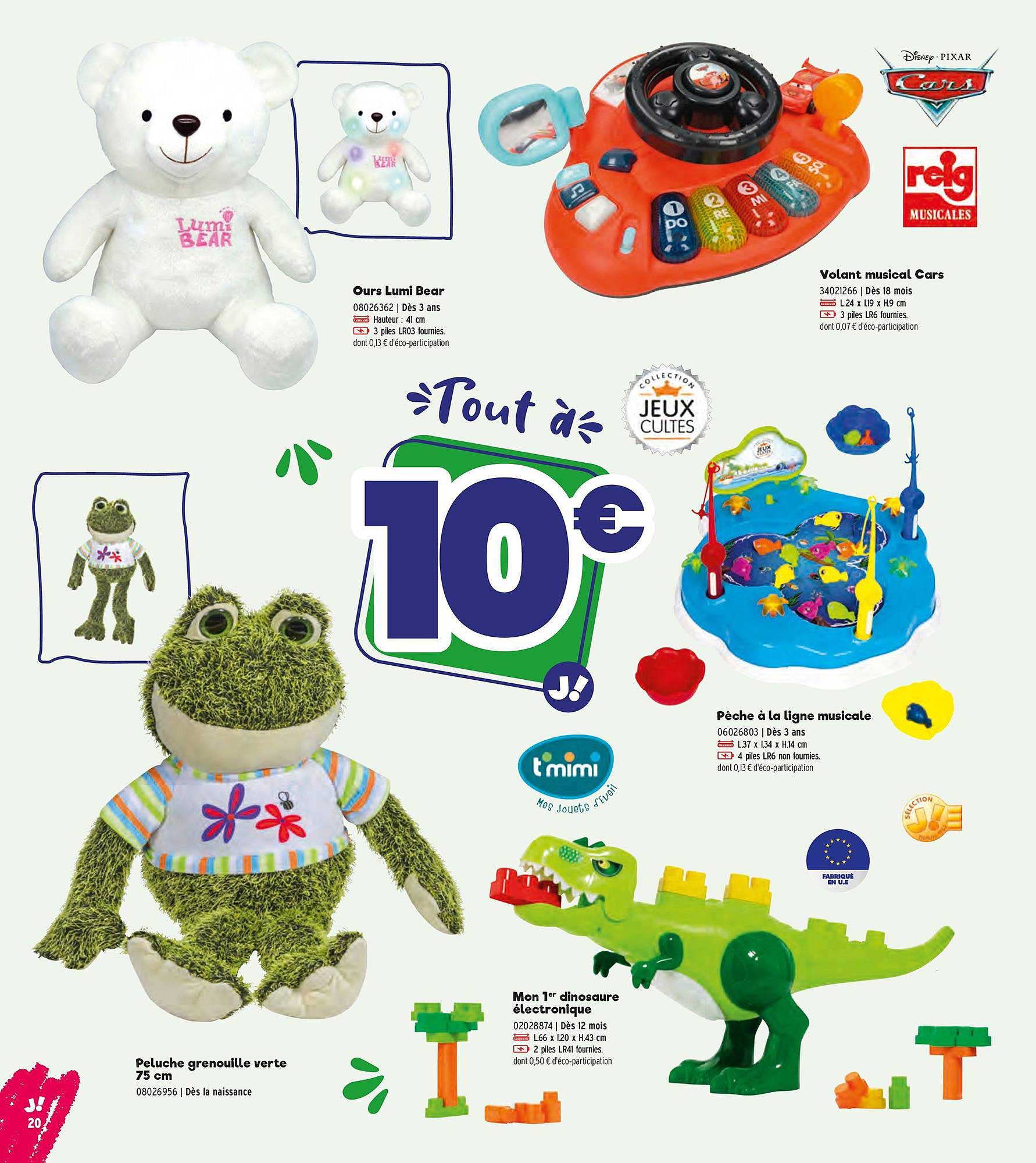 ours lumi bear, volant musical cars, pêche à la ligne musicale, peluche grenouille verte 75 cm, mon 1er dinausore électrique