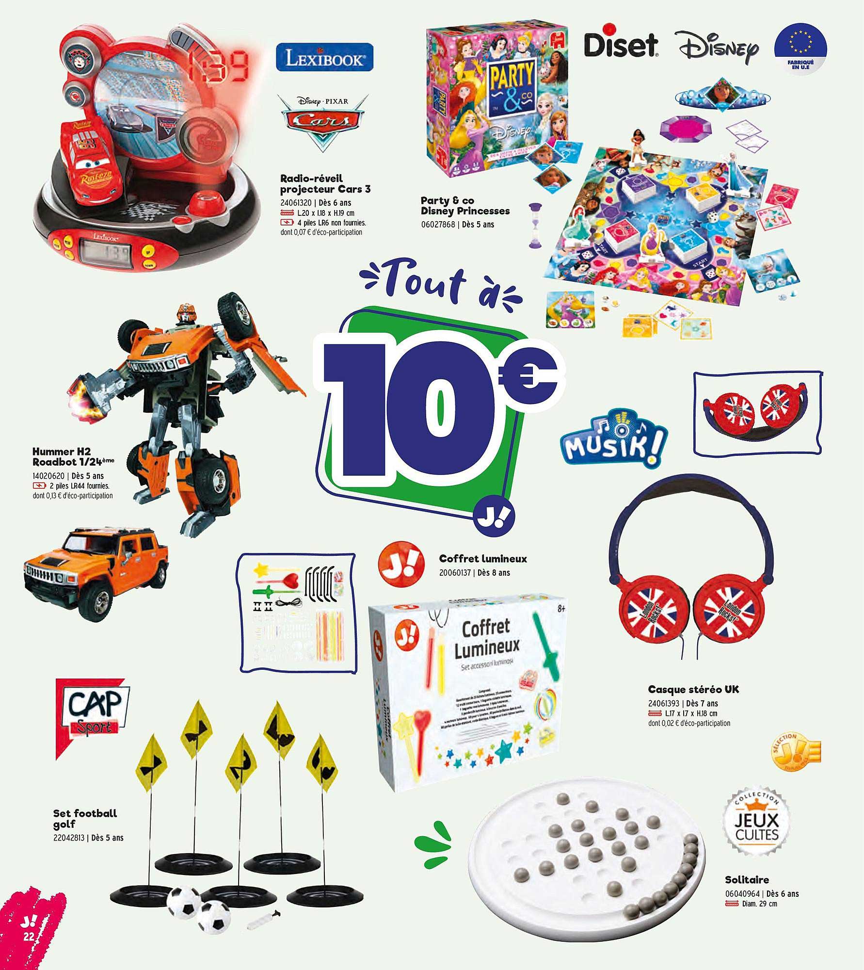 radio-réveil projecteur cars 3, party & co disney princesses, hummer h2 roadbot 1-24, coffret lumineux, casque stéréo uk, set football golf