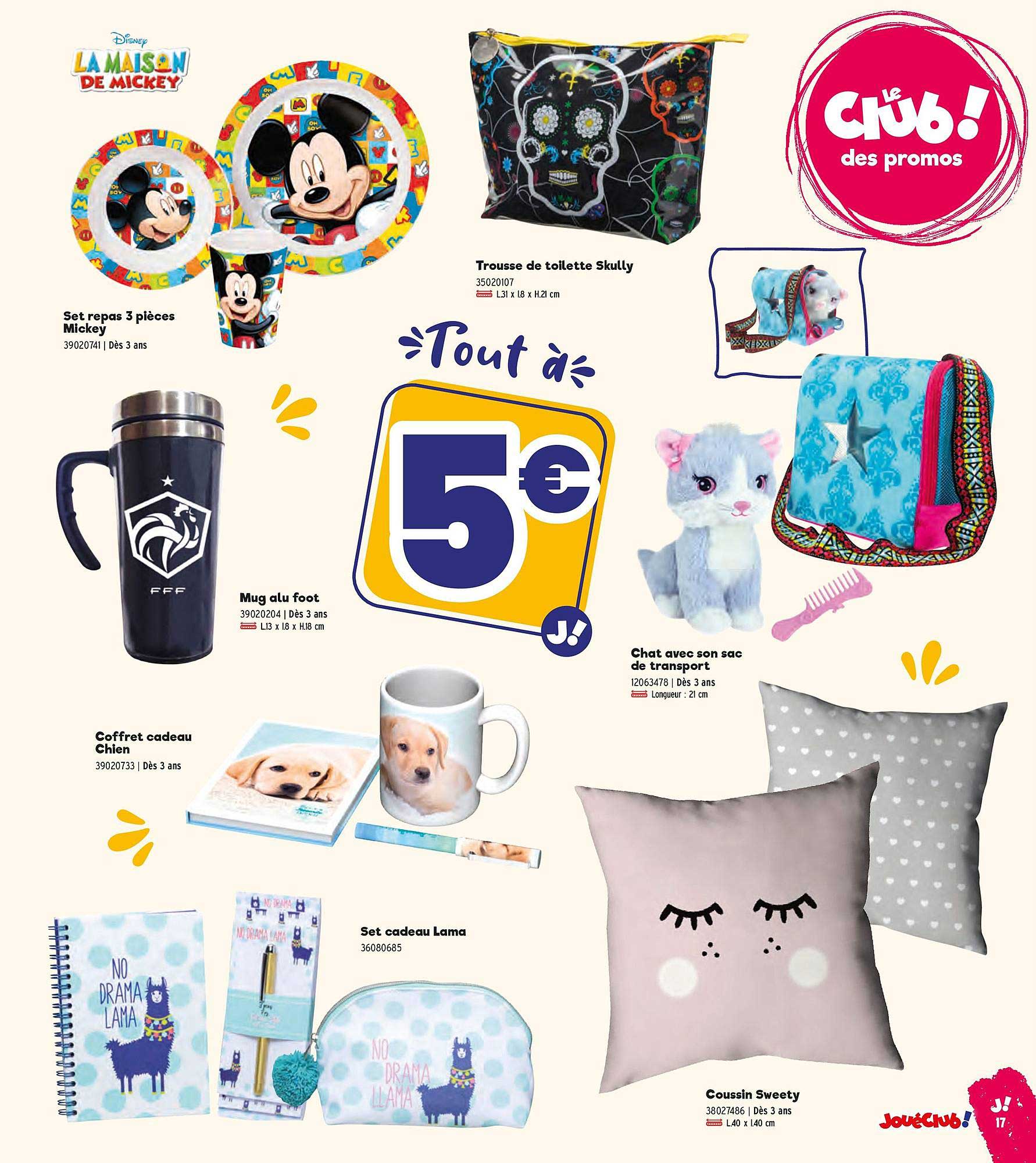 set repas 3 pièces mickey, trousse de toilette skully, mug alu foot, coffret cadeau chien, chat avec son sac de transport, set cadeau lama, coussin sweety