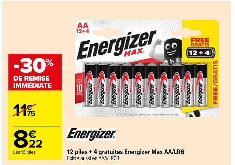 12 piles + 4 gratuites energizer max aa-lr6