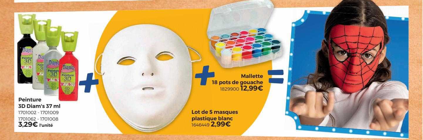 peinture 3d diam's 37 ml, lot de 5 masques plastique blanc, mallette 18 pots de gouache