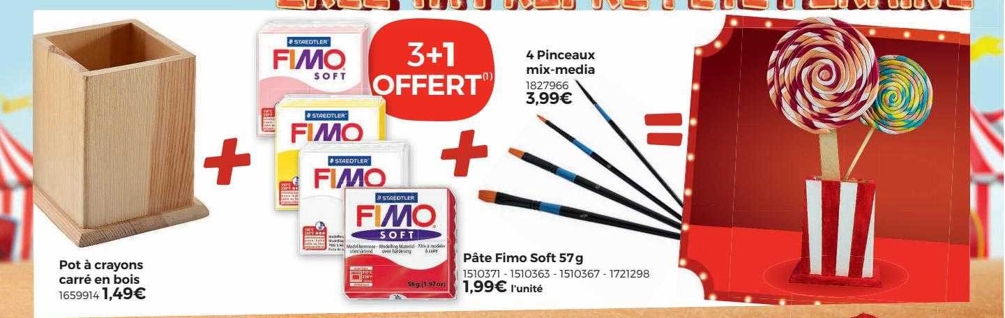 pot à crayons carré en bois, pâte fimo soft 57g