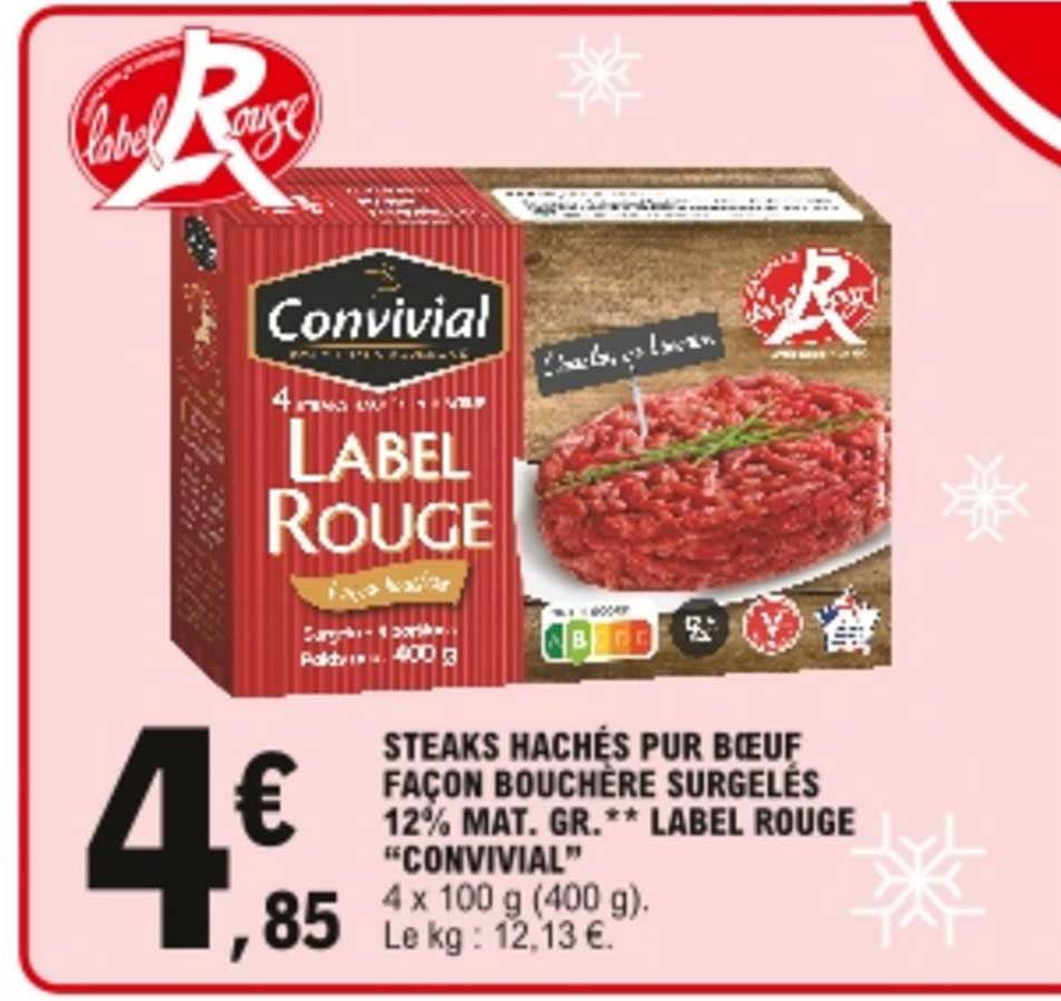 steaks hachés pur bœuf façon bouchère surgelés 12% mat gr label rouge "convival"