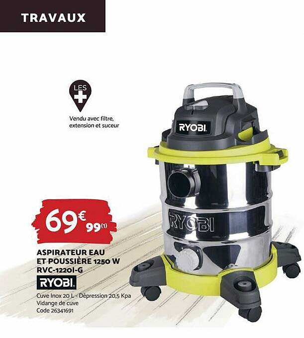 Aspirateur Eau Et Poussière 1250 W Rvc-1220I-G Ryobi