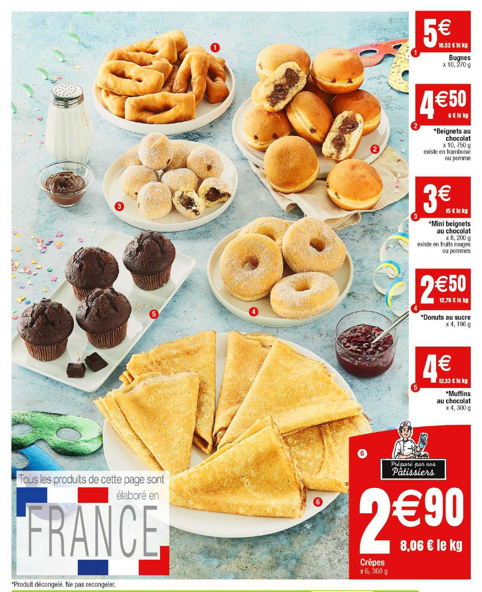 bugnes, beignets au chocolat, mini beignets au chocolat, donuts au sucre, muffins au chocolat, crêpes