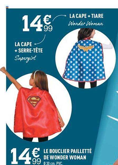le bouclier pailleté de wonder woman, la cape + serre-tête, la cape + tiare