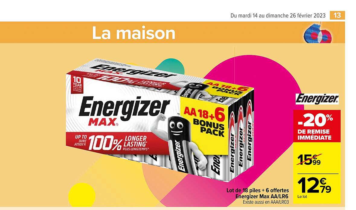 lot de 18 piles + 6 offertes energizer max aa-lr6