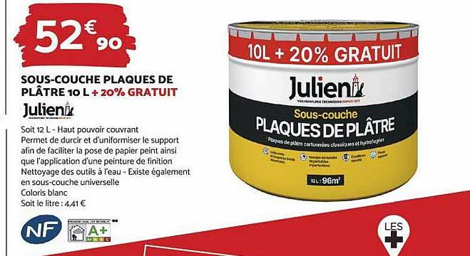sous-couche plaques de plâtre 10 l + 20% gratuit julien