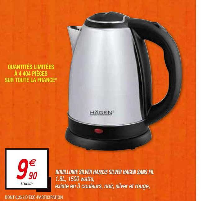 bouilloire silver ha5525 silver hägen sans fil 1.8l, 1500 watts