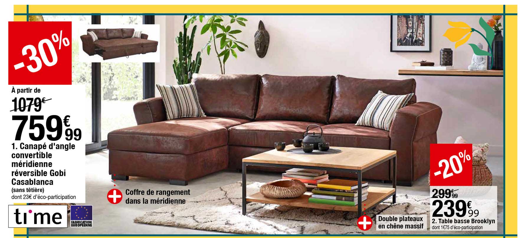 canapé d'angle convertible méridienne réversible gobi casablanca, table basse brooklyn