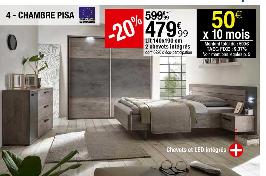 chambre pisa : lit 140 x 190 cm 2 chevets intégrés