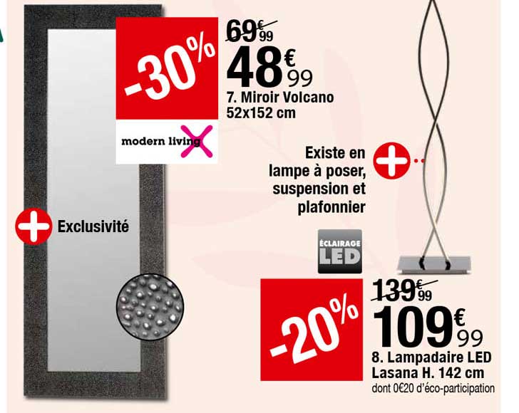 miroir volcano, lampadaire led lasana h. 142 cm modern living