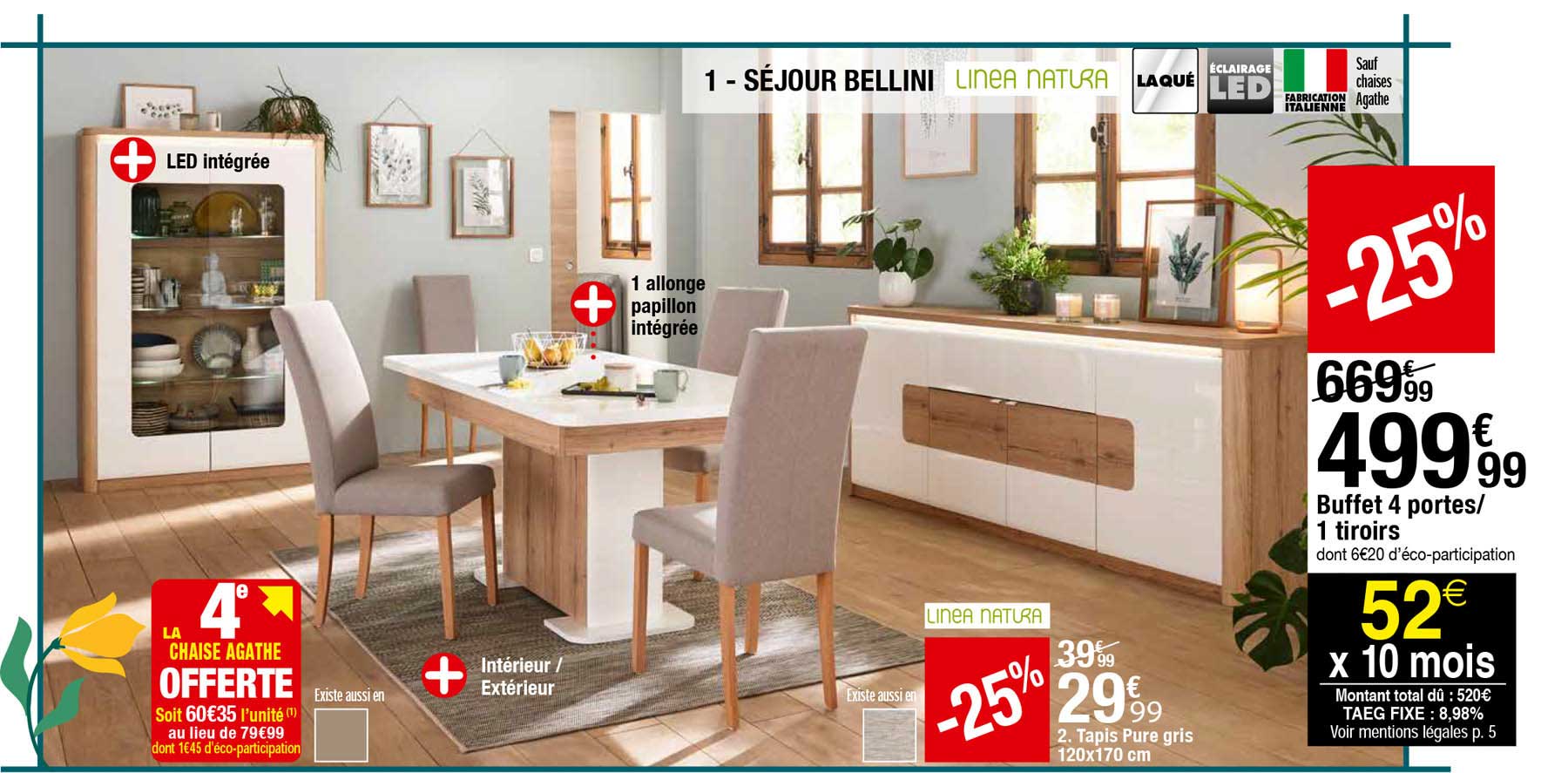 séjour bellini linea nature, buffet 4 porte - 1 tiroirs, tapis pure gris 120 x 170 cm,la chaise agathe