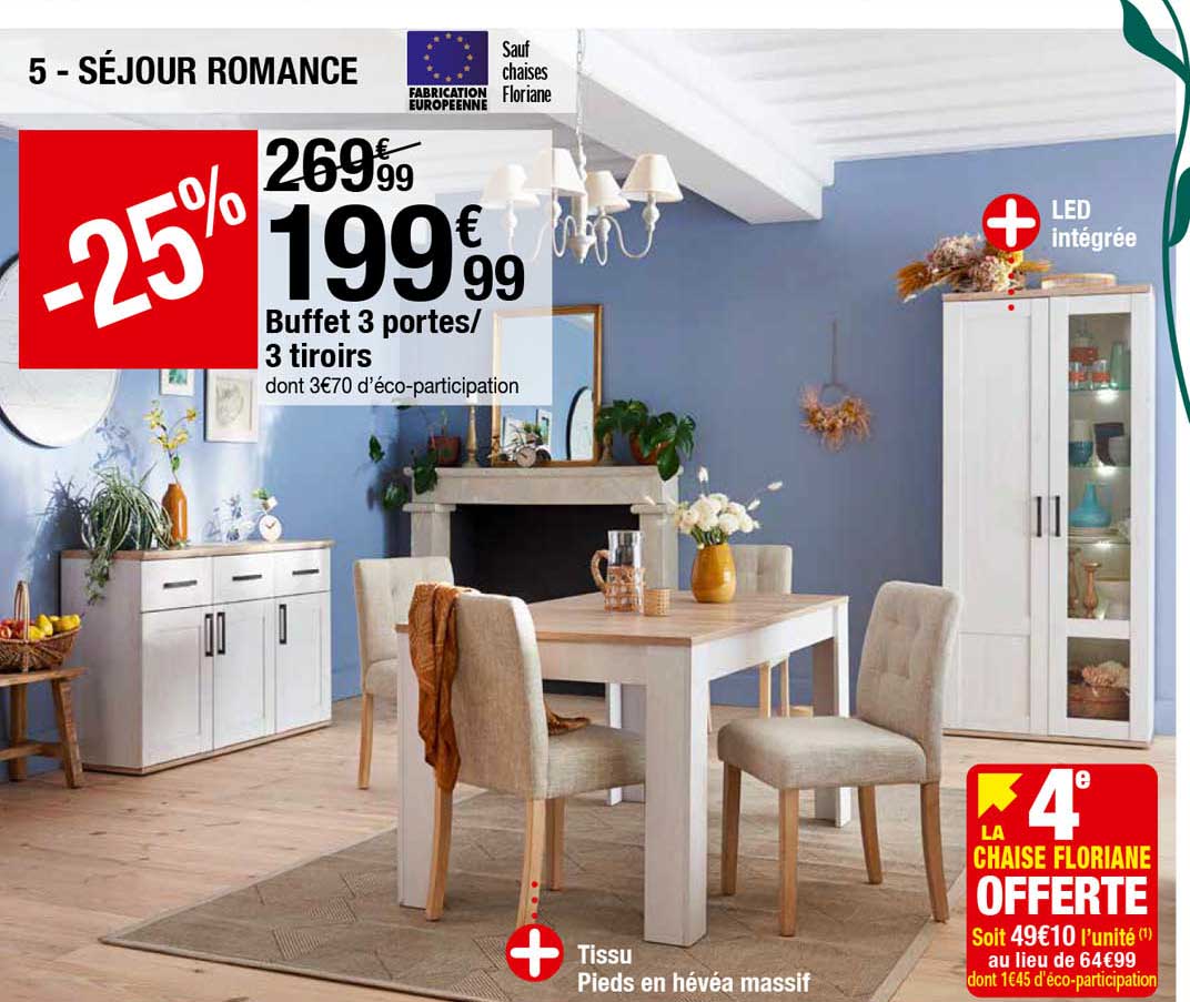 séjour romance : buffet 3 portes 3 tiroirs, la chaise floriane