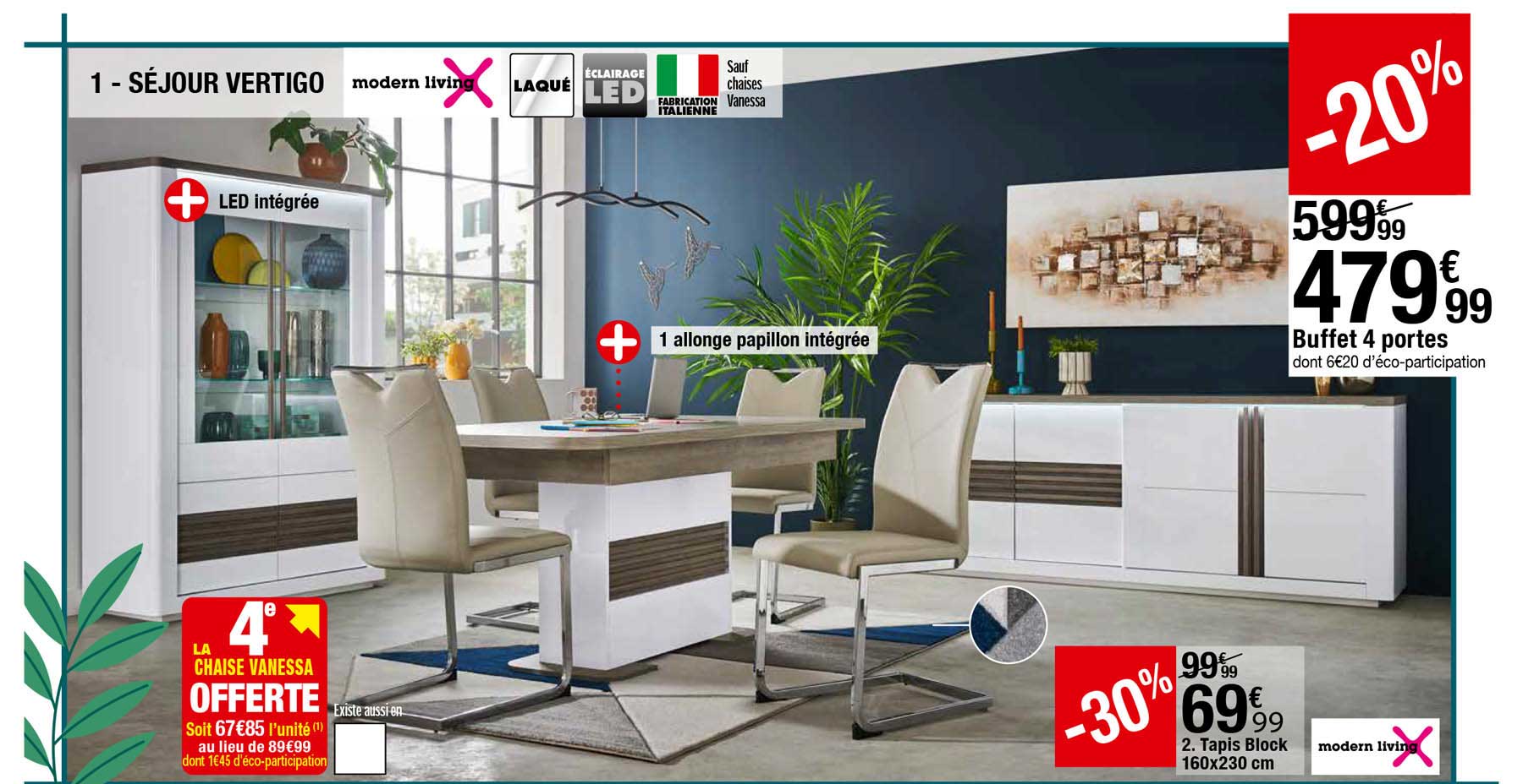Séjour Vertigo : Buffet 4 Portes, Tapis Block 160 X 230 Cm, La Chaise Vanessa