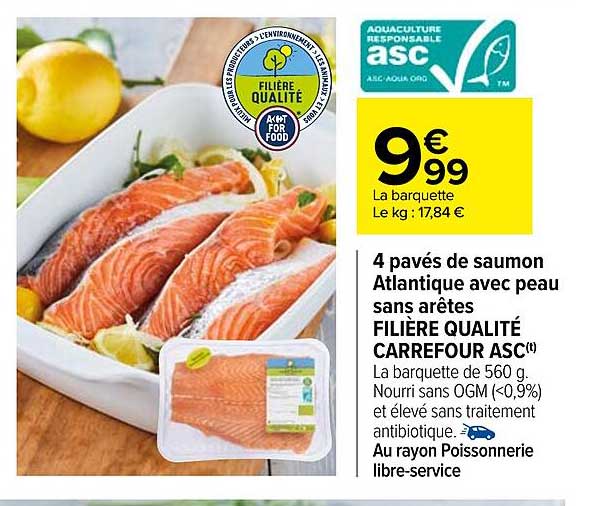 4 pavés de saumon atlantique avec peau sans arêtes filière qualité carrefour asc