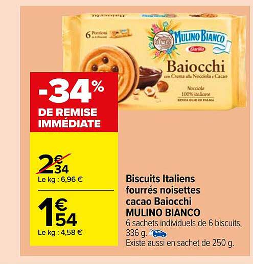 biscuits italiens fourrés noisettes cacao baiocchi mulino bianco
