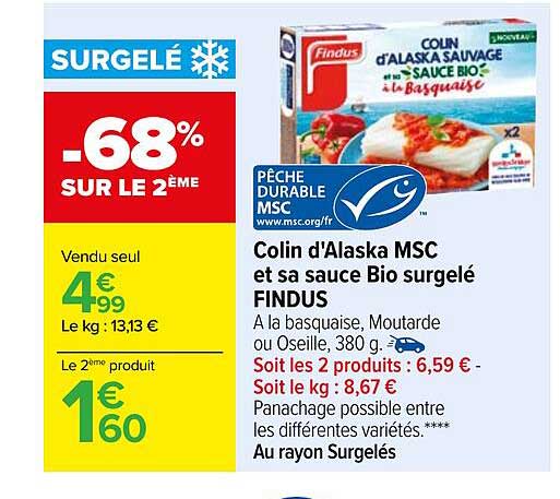 Colin D'alaska Msc Et Sa Sauce Bio Surgelé Findus