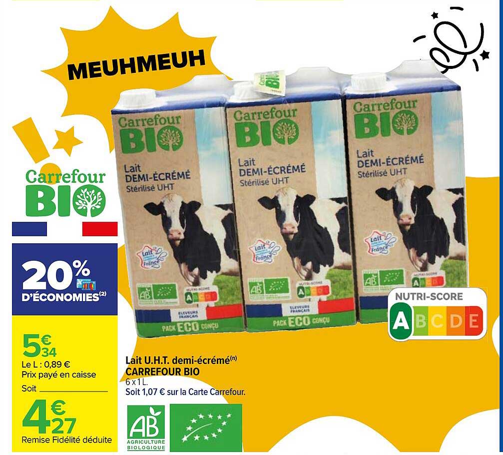 lait u.h.t. demi-écrémé carrefour bio