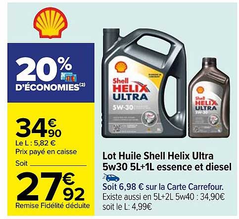 lot huile shell helix ultra 5w30 5l+1l essence et diesel