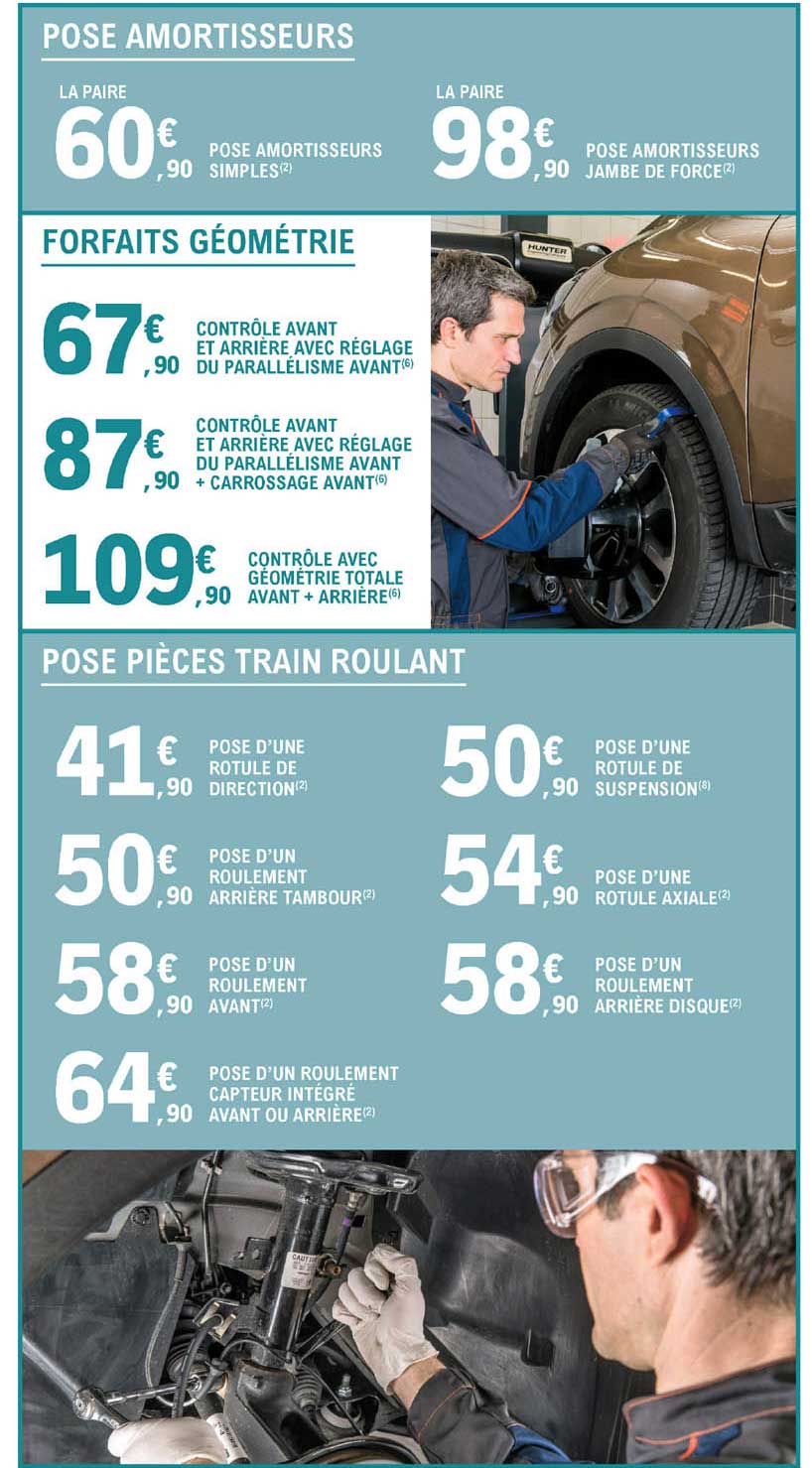 pose amortisseurs, forfaits géométrie, pose pièces train roulant