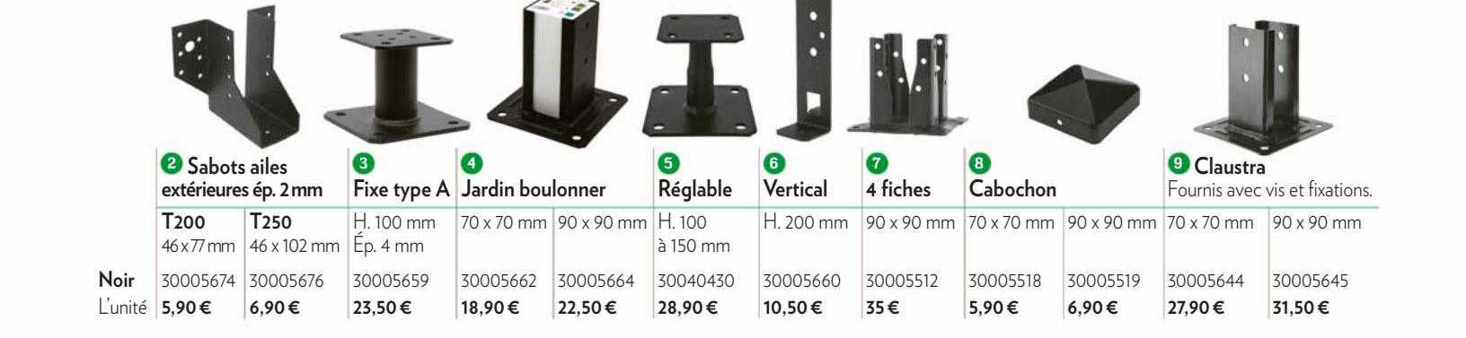 sabots ailes extérieures ép.  2 mm, fixe type a, jardin boulonner, réglable, vertical, 4 fiches, cabochon, claustra
