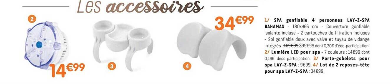 spa gonflable 4 personnes lay-z-spa bahamas, lumière led pour spa, porte-gobelets pour spa lay-z-spa, lot de 2 reposes-tête pour spa lay-z-spa