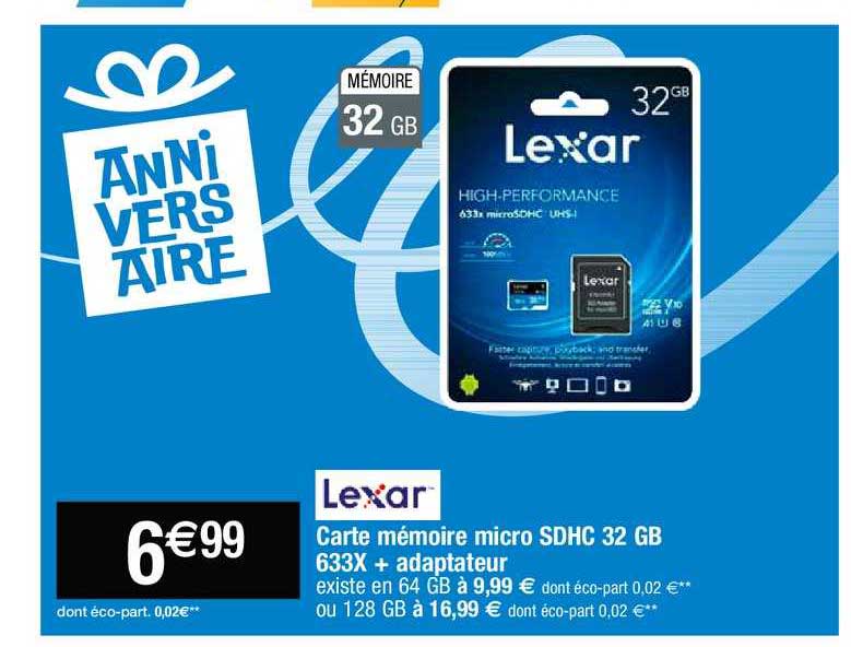 carte mémoire micro sdhc 32 gb 633x + adaptateur lexar