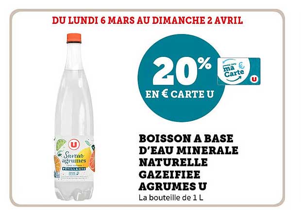 boisson à base d'eau minérale naturelle gazéifiée agrumes u