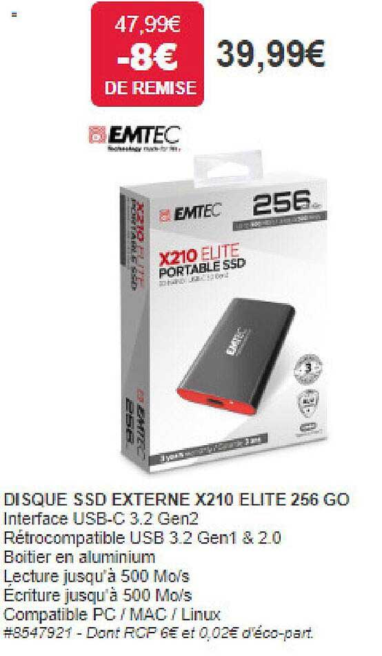 disque ssd externe x210 elite 256 go emtec