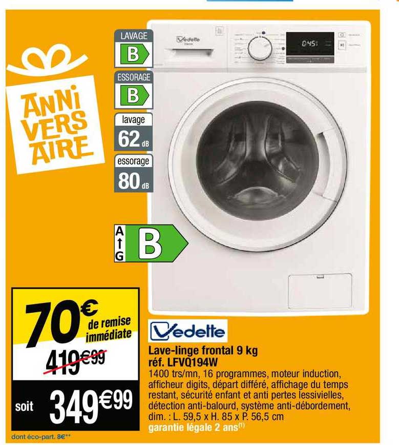 Lave-linge Frontal 9 Kg Vedette